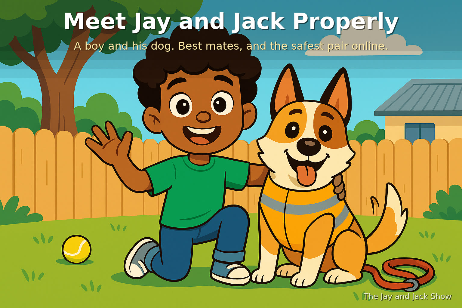 Jay, a young boy in a green t-shirt, kneeling in a sunny backyard with his arm around his dog Jack, who is a cattle dog wearing a hi-vis site supervisor vest. Jay is waving hello.